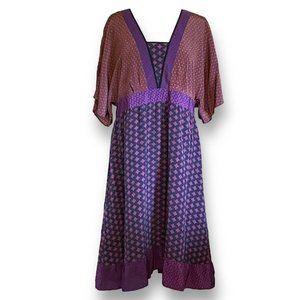 Garnet Hill Womens Silk Dress Plus Sz 18 Boho Patchwork Festival Vneck Short Slv